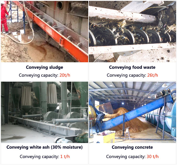 Shaftless screw conveyor conveys white ash (30% moisture), conveying capacity: 1 ton/hour; conveying concrete , Conveying capacity: 30 tons/hour; conveying kitchen waste, conveying capacity: 26 tons/hour; conveying sludge, conveying capacity: 20 tons/hour.